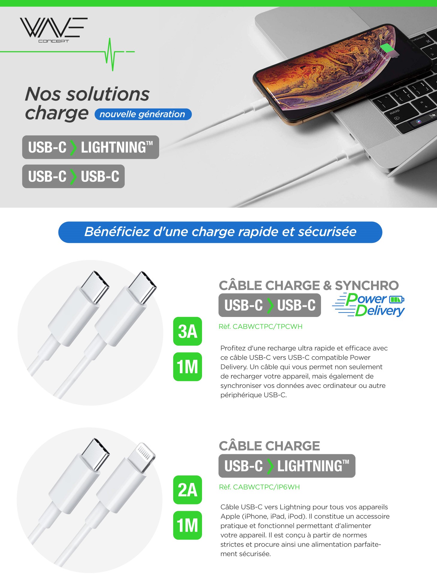 Câble iPhone / iPad USB-C vers Lightning 2 mètres / Charge rapide