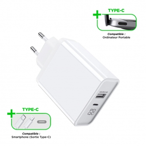 Chargeur Secteur 2,4A 5V-45W 1 USB-A + 1 USB-C Fast Charge