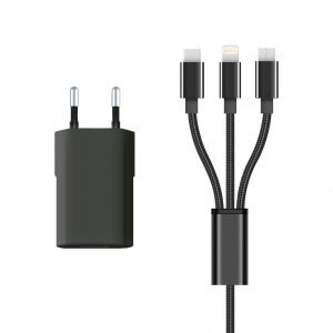 Pack Chargeur Secteur 1A + Cable 3 en 1 Nylon