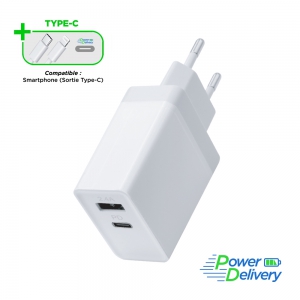 Mains charger - 1 USB-A port + 1 USB-C port (12w+18W) 30W Fast Charge