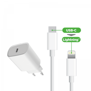 20W USB-C Port Mains Charger Pack + USB-C to Lightning Cable