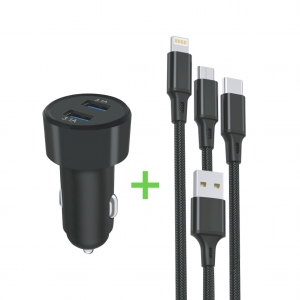 3.4A Cigarette Lighter Charger Pack + 3 in 1 Nylon Cable