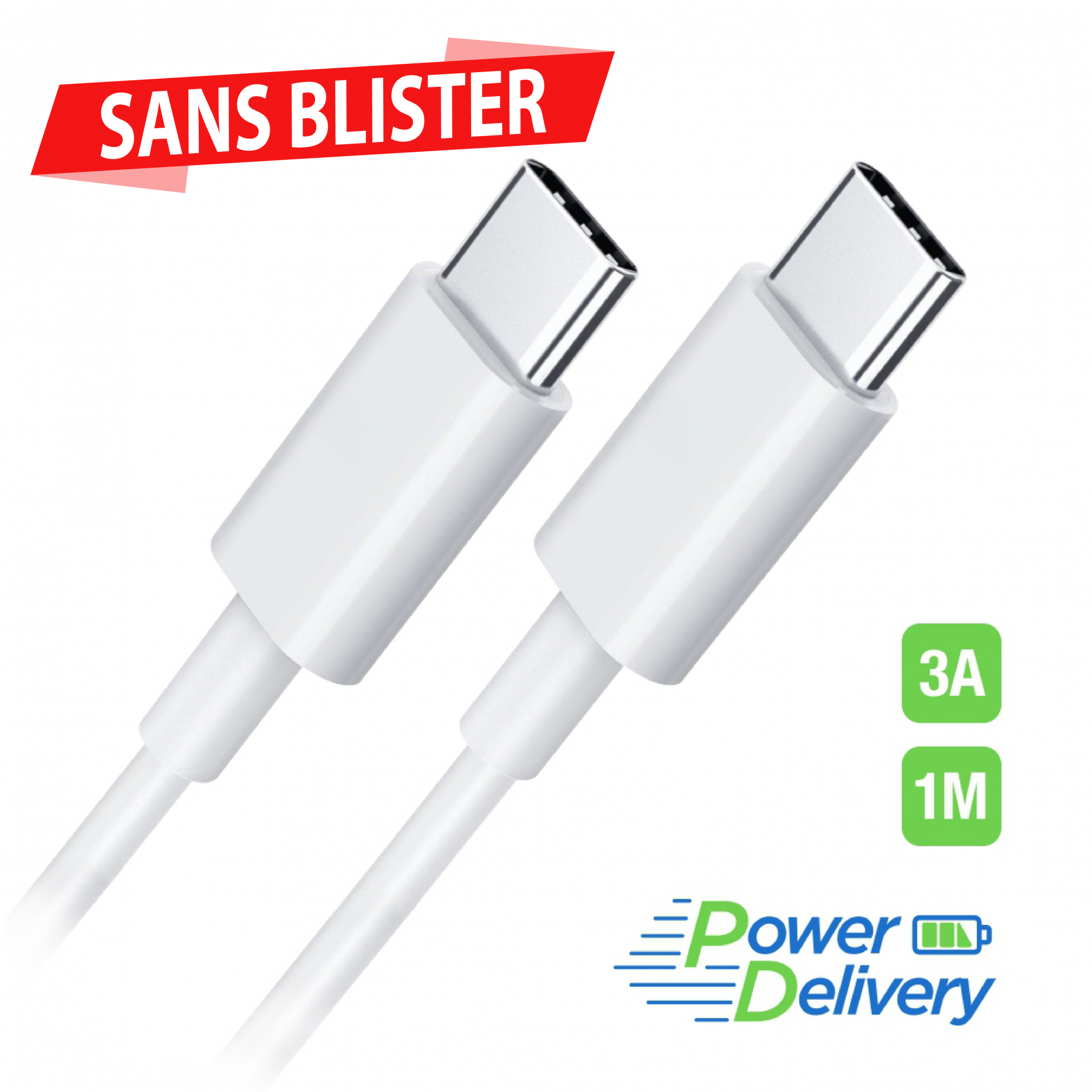 Cable de Charge & Synchro USB-C vers USB-C 3A 1M - Sans blister