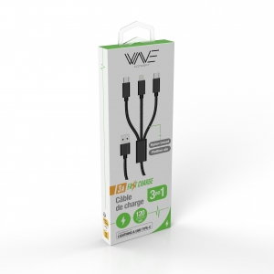 Cable Nylon 3en1 3A Usba vers 2 Usbc / Lightning