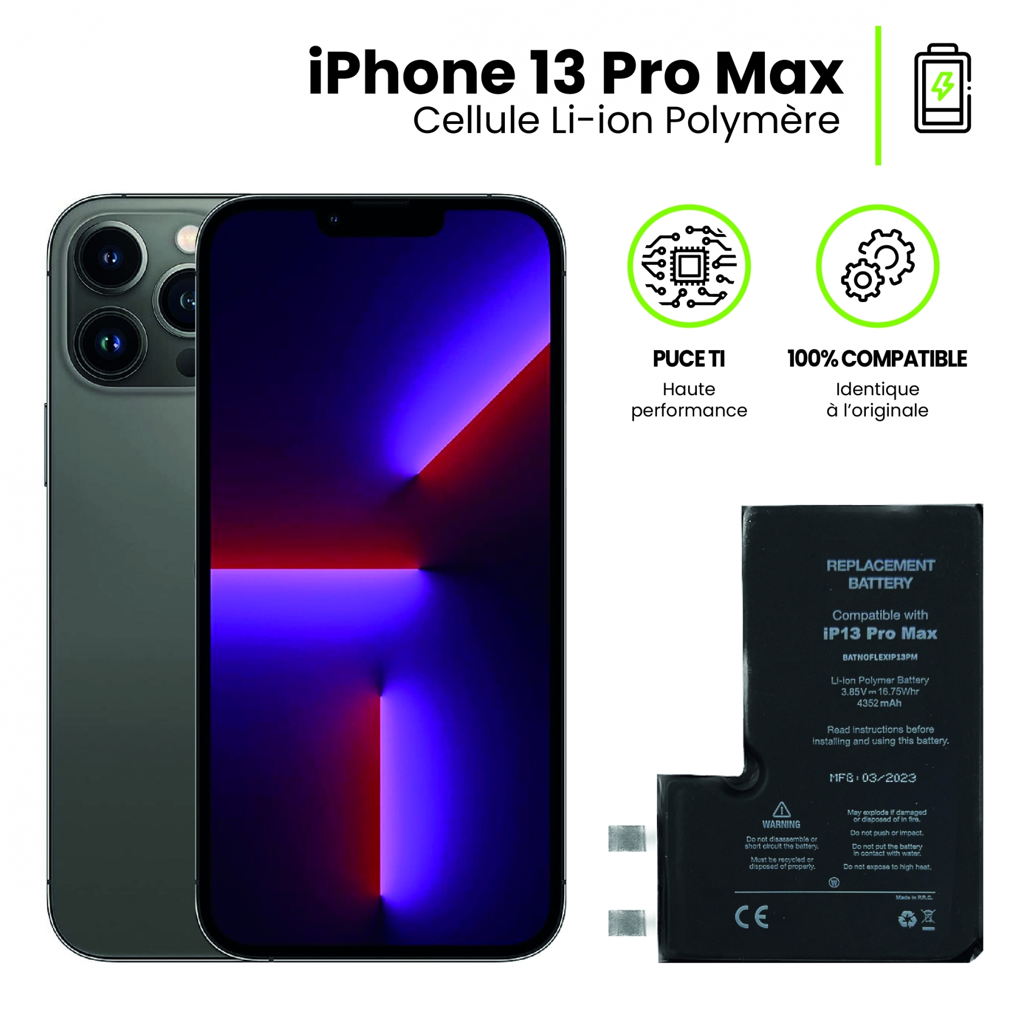Batterie De Remplacement Pour IPhone 13 Pro Max - 4352 MAh - Avec Adhésif Pour Installation Facile