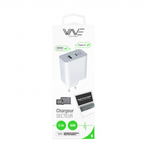 Chargeur Secteur 2,4A 5V-45W 1 Port USB-1 Port Type C