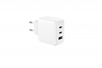 Chargeur Secteur GaN 65 W - 1 port Usba - 2 ports Usbc - White