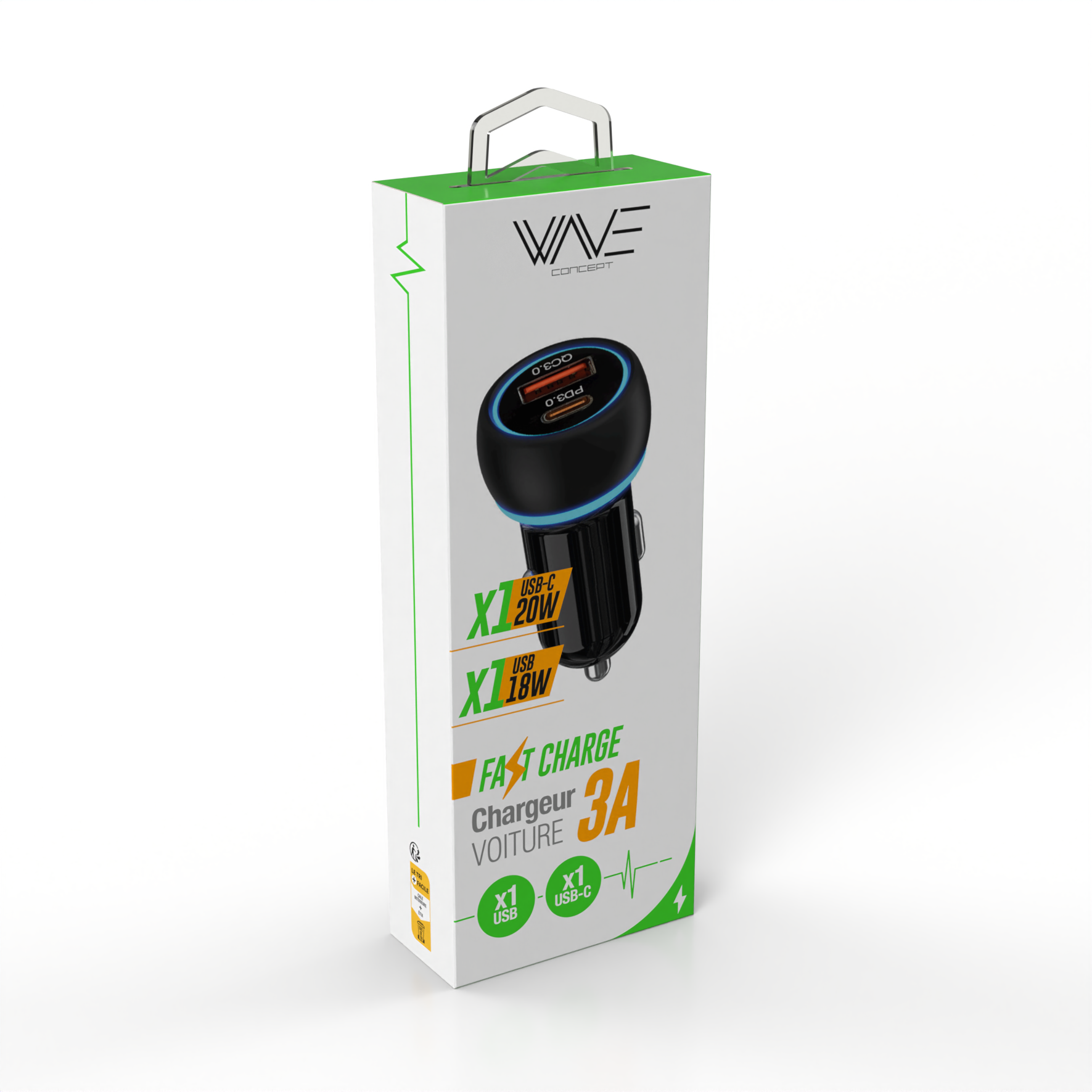 Chargeur Voiture 1 port USB-A 20W + 1 port USB-C 18W