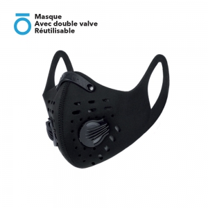 Masque en Néoprène Avec double valve Réutilisable (2 valves avec filtre à charbon actif + Clip nasal ajustable)