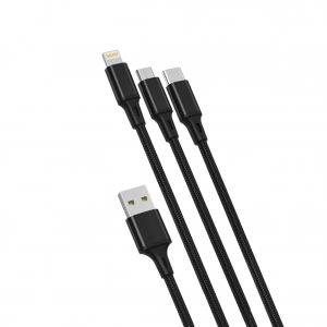 Pack Chargeur Allume Cigare 3,1A + Cable 3 en 1 Nylon