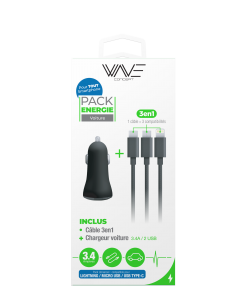 Pack Chargeur Allume Cigare 3,4A + Câble 3 en 1 Nylon 