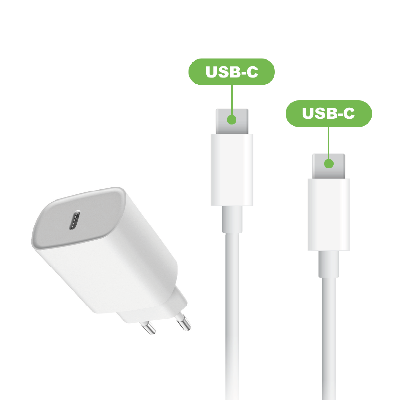 Pack Chargeur Secteur Port USB-C 20W + Cable USB-C vers USB-C