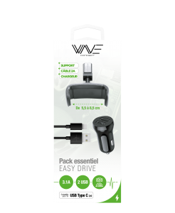 Pack Easy Drive USB Type-C = Support + Cable + Chargeur Voiture 3,4A